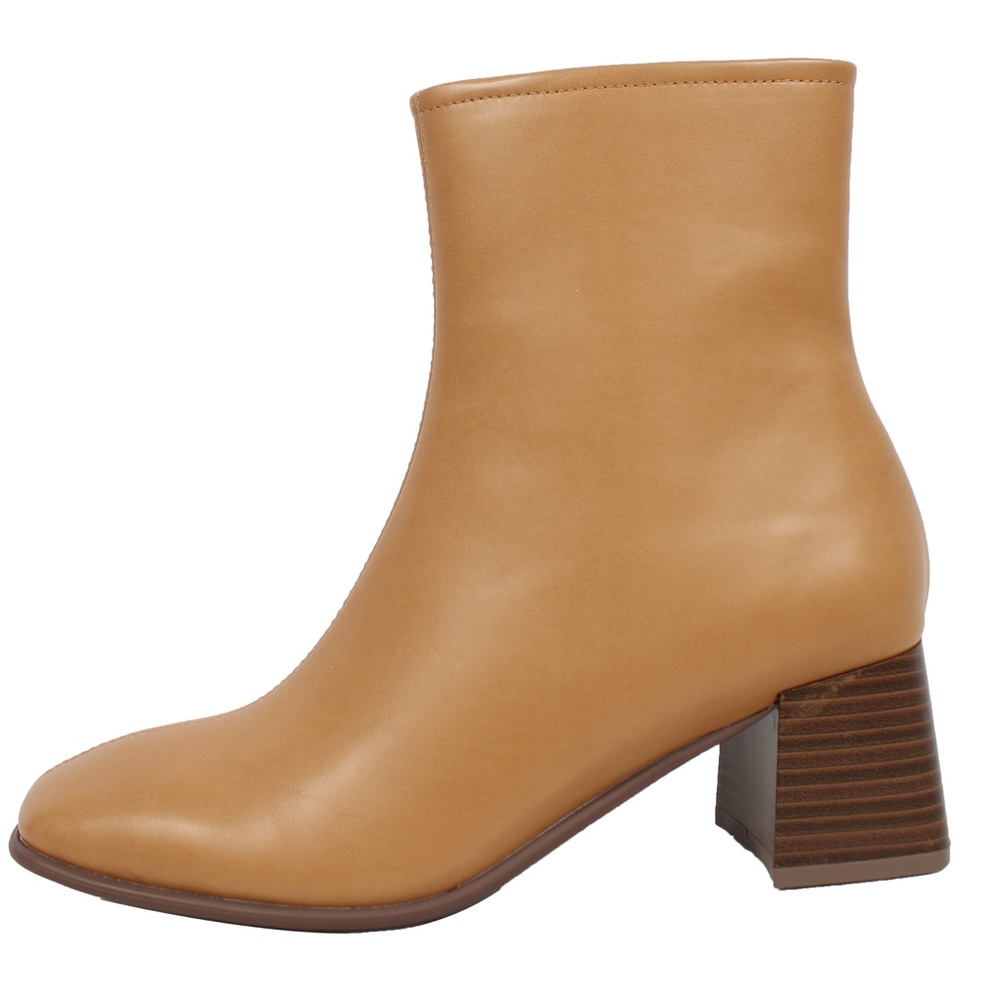 Natural Square Toe High Top Stacked Heel Ankle Bootie